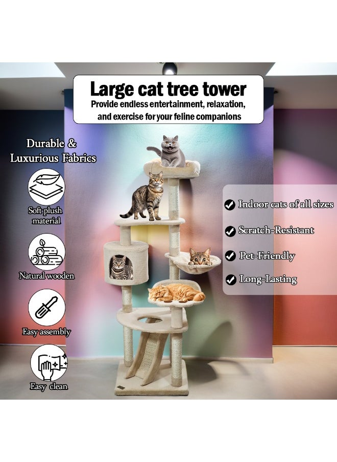 Large cat tree tower with Top soft plush, Paw shape perch and Hammock, Multi-level cat tree with Cozy condo, Fun ladder, Scratching posts, and For all size breeds, 150 cm Indoor cat tower (Beige)