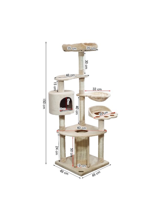 Large cat tree tower with Top soft plush, Paw shape perch and Hammock, Multi-level cat tree with Cozy condo, Fun ladder, Scratching posts, and For all size breeds, 150 cm Indoor cat tower (Beige)