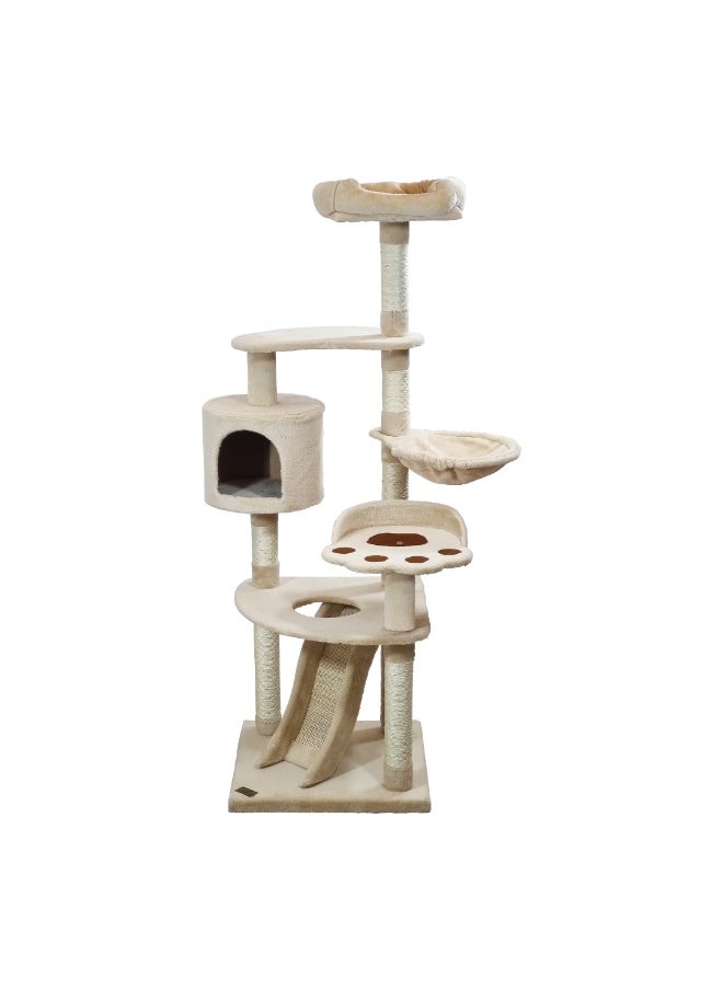 Large cat tree tower with Top soft plush, Paw shape perch and Hammock, Multi-level cat tree with Cozy condo, Fun ladder, Scratching posts, and For all size breeds, 150 cm Indoor cat tower (Beige)