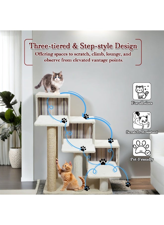 Cat tree with Step design, Soft plush cover, Cat condo and Scratching posts, 96 cm Multi-level cat tower for Indoor cats, Cat climbing furniture and Space saving cat tree (Beige)