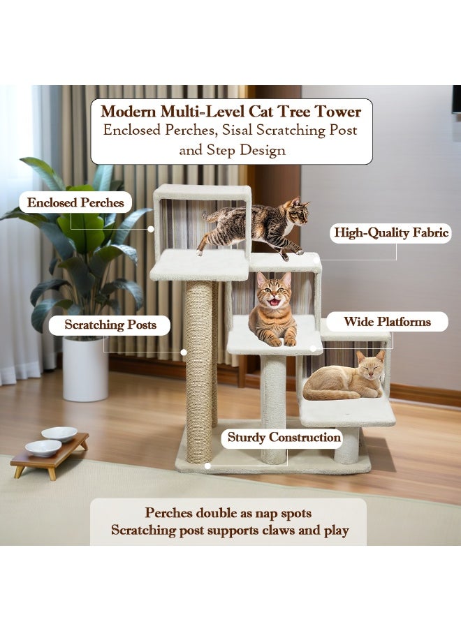 Modern cat tree for Indoor cats, 96 cm Cat playground with Steps, Soft padded, Cat condo and Scratching posts, Multi-platform cat tree for Sleeping, Climbing & Scratching (Beige)