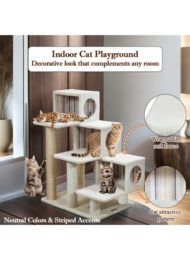 Modern cat tree for Indoor cats, 96 cm Cat playground with Steps, Soft padded, Cat condo and Scratching posts, Multi-platform cat tree for Sleeping, Climbing & Scratching (Beige)