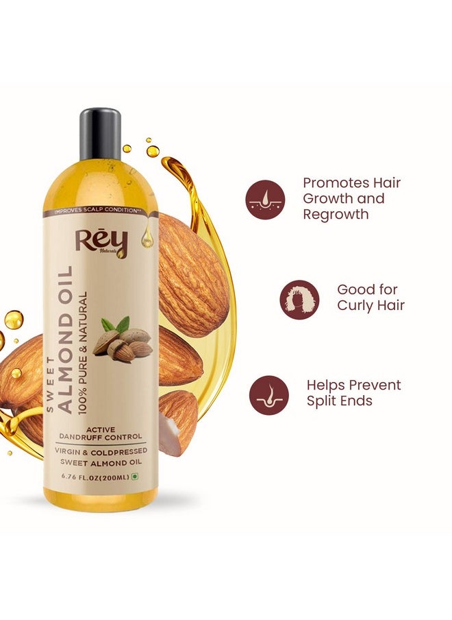 Sweet Almond Oil For Hair Growth (Badam Oil) | Cold Pressed Almond Oil For Face, Skin & Massage | Odorless Vitamin-E Enriched Almond Hair Oil For Soft, Shiny & Dandruff Free Hair | 200Ml