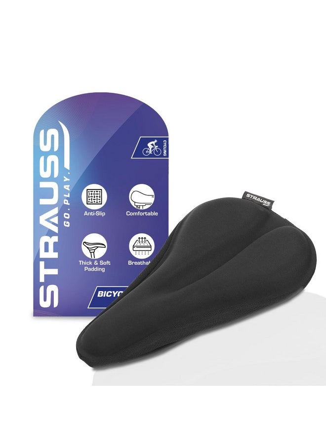 Strauss Bicycle Standard Saddle Foam Seat Cover with Anti-Slip Granules & Soft, Thick Padding | Superior Comfort, Breathable Design | Comes with Adjustable Rope Straps & Fits All Cycles, (Black)