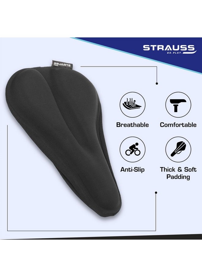 Strauss Bicycle Standard Saddle Foam Seat Cover with Anti-Slip Granules & Soft, Thick Padding | Superior Comfort, Breathable Design | Comes with Adjustable Rope Straps & Fits All Cycles, (Black)