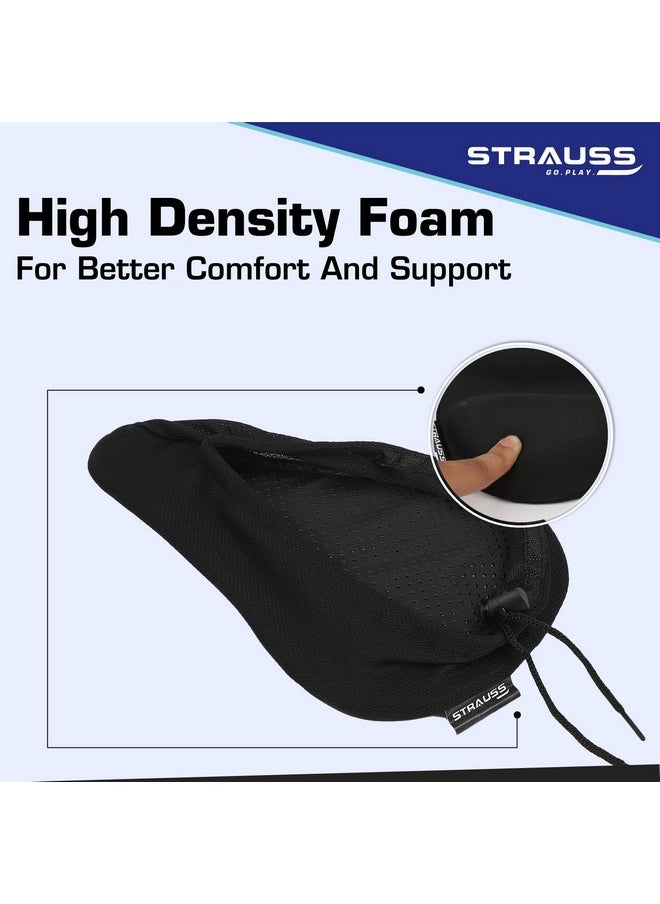 Strauss Bicycle Standard Saddle Foam Seat Cover with Anti-Slip Granules & Soft, Thick Padding | Superior Comfort, Breathable Design | Comes with Adjustable Rope Straps & Fits All Cycles, (Black)
