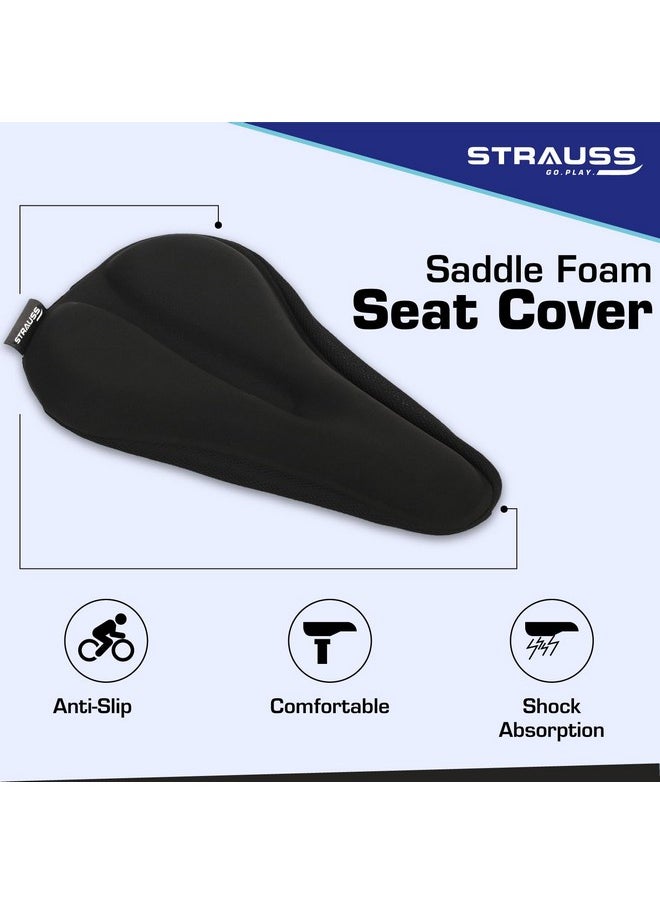 Strauss Bicycle Standard Saddle Foam Seat Cover with Anti-Slip Granules & Soft, Thick Padding | Superior Comfort, Breathable Design | Comes with Adjustable Rope Straps & Fits All Cycles, (Black)