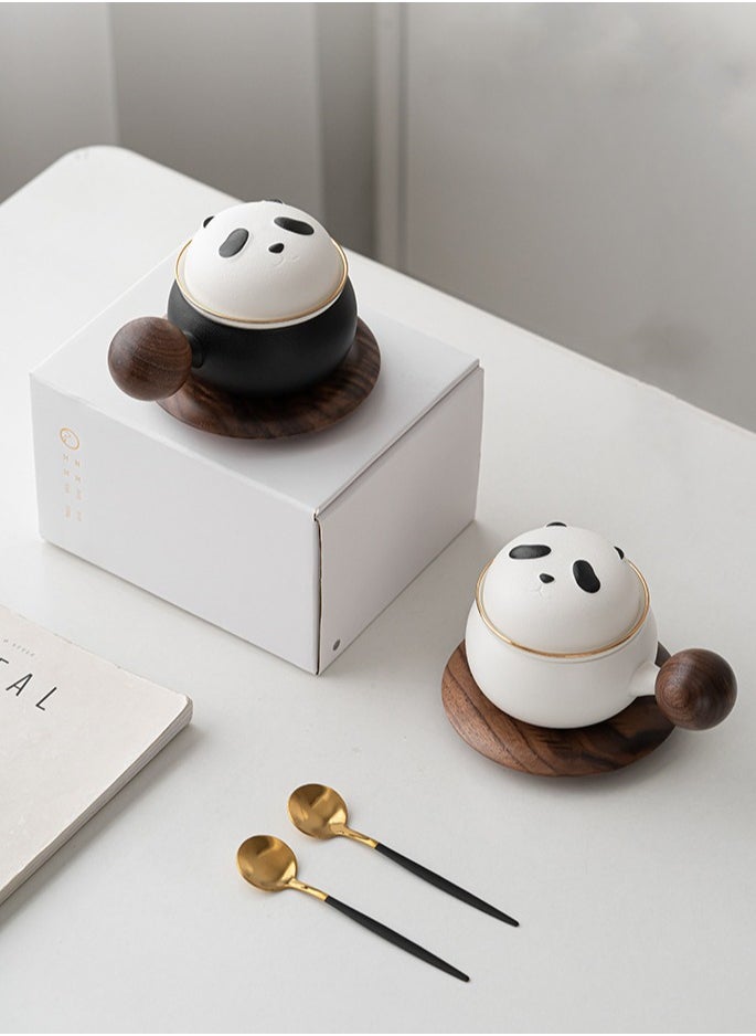 Panda Brew Duo - 2-in-1 Coffee  Tea Mug Gift Set With Spoon,Cute Ceramic Panda Mug With Personal Creative Lid For Tea Separation