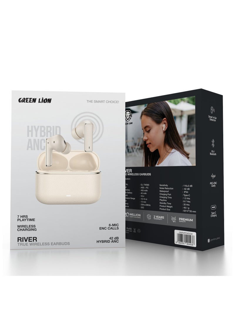 River True Wireless Earbuds ANC + ENC Clarity / Wireless Charging / Smart In-Ear Detection / Hands-Free Headphone / 6-Mic ENC Calls / In-Ear Headphones for Music, Calls & Gaming/Truewireless Headphones- Cream