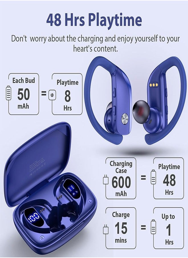 Wireless Bluetooth Headset 48 Hour Playback With LED DisplayOver-ear Built-in Microphone With Earhook - Blue