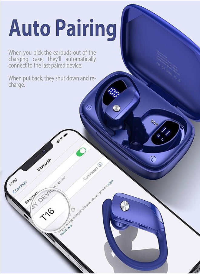 Wireless Bluetooth Headset 48 Hour Playback With LED DisplayOver-ear Built-in Microphone With Earhook - Blue