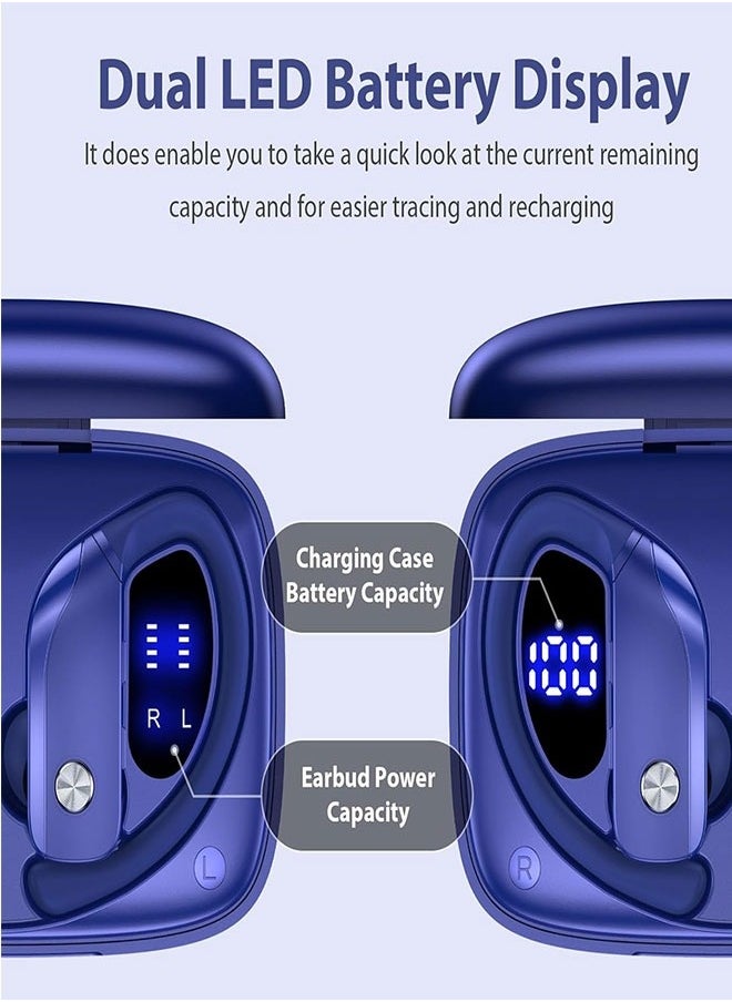 Wireless Bluetooth Headset 48 Hour Playback With LED DisplayOver-ear Built-in Microphone With Earhook - Blue