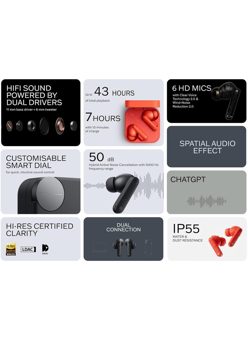 cmf Buds Pro 2,Integrated, True Wireless With Clear Voice Technology 2.0, 50 dB Smart Active Noise Cancellation, Spatial Audio Effect, Middle East Version black