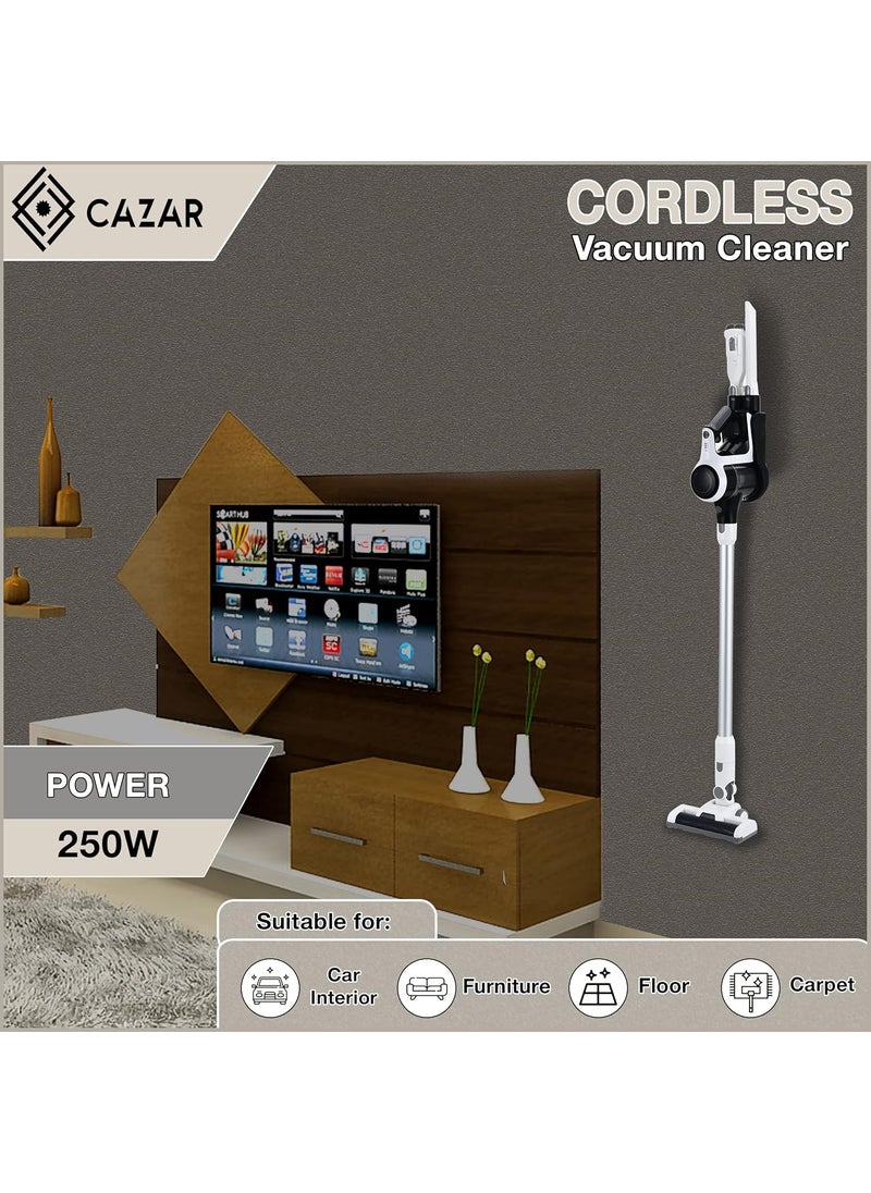 CAZAR CZCL250W Cordless Vacuum Cleaner for Home and Car 250 W Cordless Hoseless Rechargeable HEPA Filters BagLess Design and Multi Nozzle Operation BlackWhite