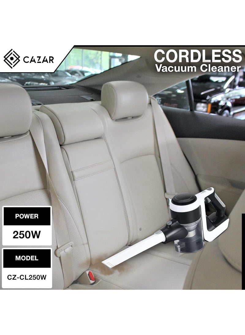 CAZAR CZCL250W Cordless Vacuum Cleaner for Home and Car 250 W Cordless Hoseless Rechargeable HEPA Filters BagLess Design and Multi Nozzle Operation BlackWhite
