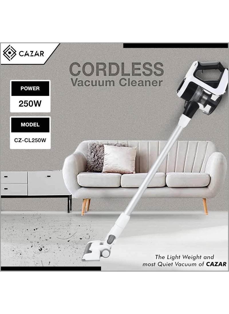 CAZAR CZCL250W Cordless Vacuum Cleaner for Home and Car 250 W Cordless Hoseless Rechargeable HEPA Filters BagLess Design and Multi Nozzle Operation BlackWhite