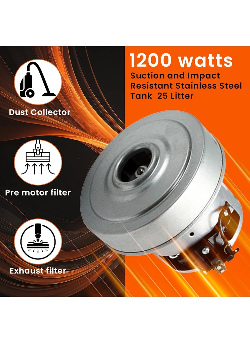 KP TECH 1200W Wet Dry Vacuum Cleaner with 3in1 Multifunction WetDryBlowing Suction and Impact Resistant SteelTank25 Litter OrangeGrey