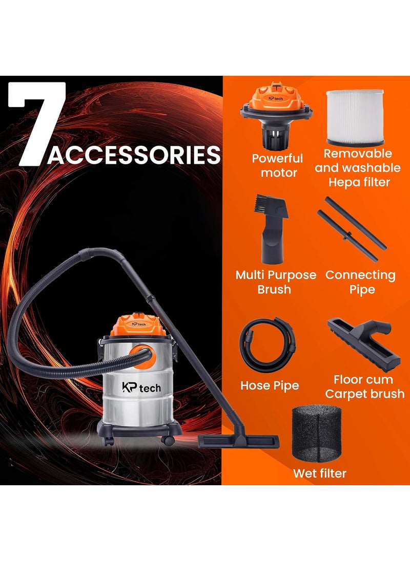 KP TECH 1200W Wet Dry Vacuum Cleaner with 3in1 Multifunction WetDryBlowing Suction and Impact Resistant SteelTank25 Litter OrangeGrey