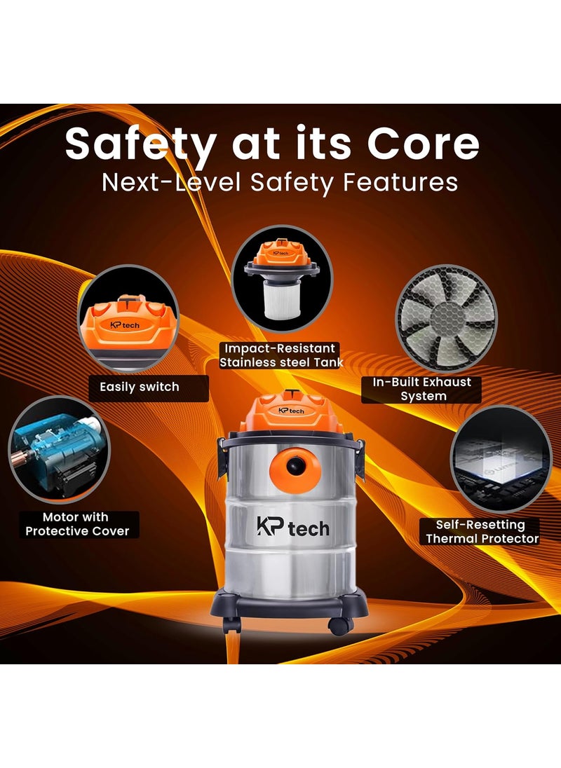 KP TECH 1200W Wet Dry Vacuum Cleaner with 3in1 Multifunction WetDryBlowing Suction and Impact Resistant SteelTank25 Litter OrangeGrey