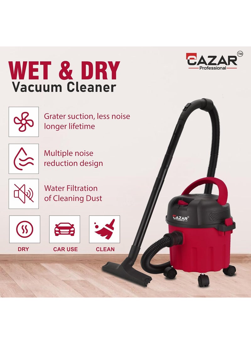 CAZAR CZVC10L 1200Watt 10Litre Wet Dry Vacuum Cleaner with Premium Mattress and Upholstery Nozzle 165 Kpa Suction Pressure Compact and Lightweight with Blower Function Red Black