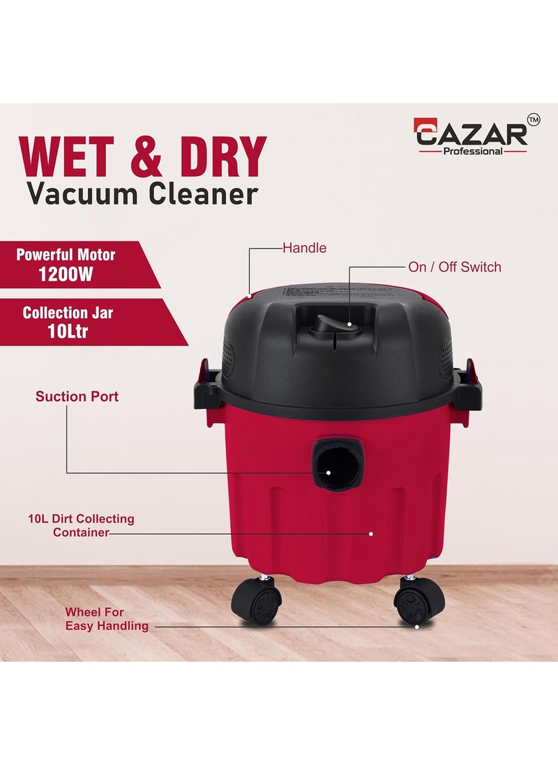 CAZAR CZVC10L 1200Watt 10Litre Wet Dry Vacuum Cleaner with Premium Mattress and Upholstery Nozzle 165 Kpa Suction Pressure Compact and Lightweight with Blower Function Red Black