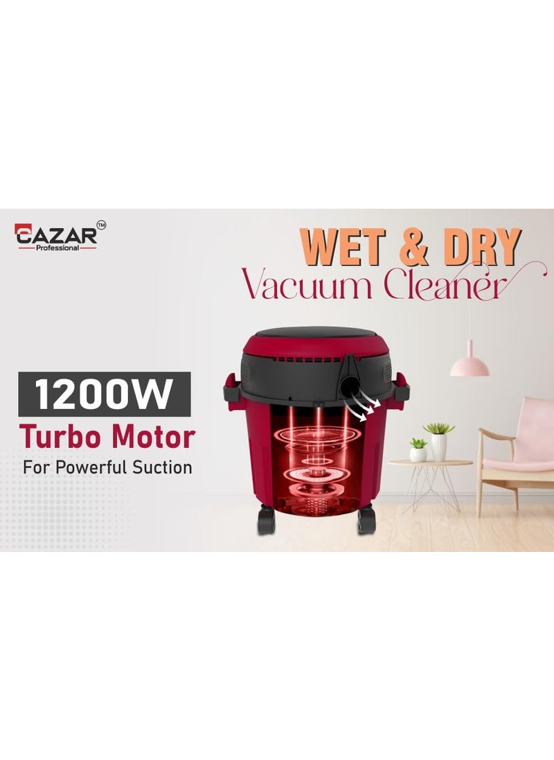 CAZAR CZVC10L 1200Watt 10Litre Wet Dry Vacuum Cleaner with Premium Mattress and Upholstery Nozzle 165 Kpa Suction Pressure Compact and Lightweight with Blower Function Red Black