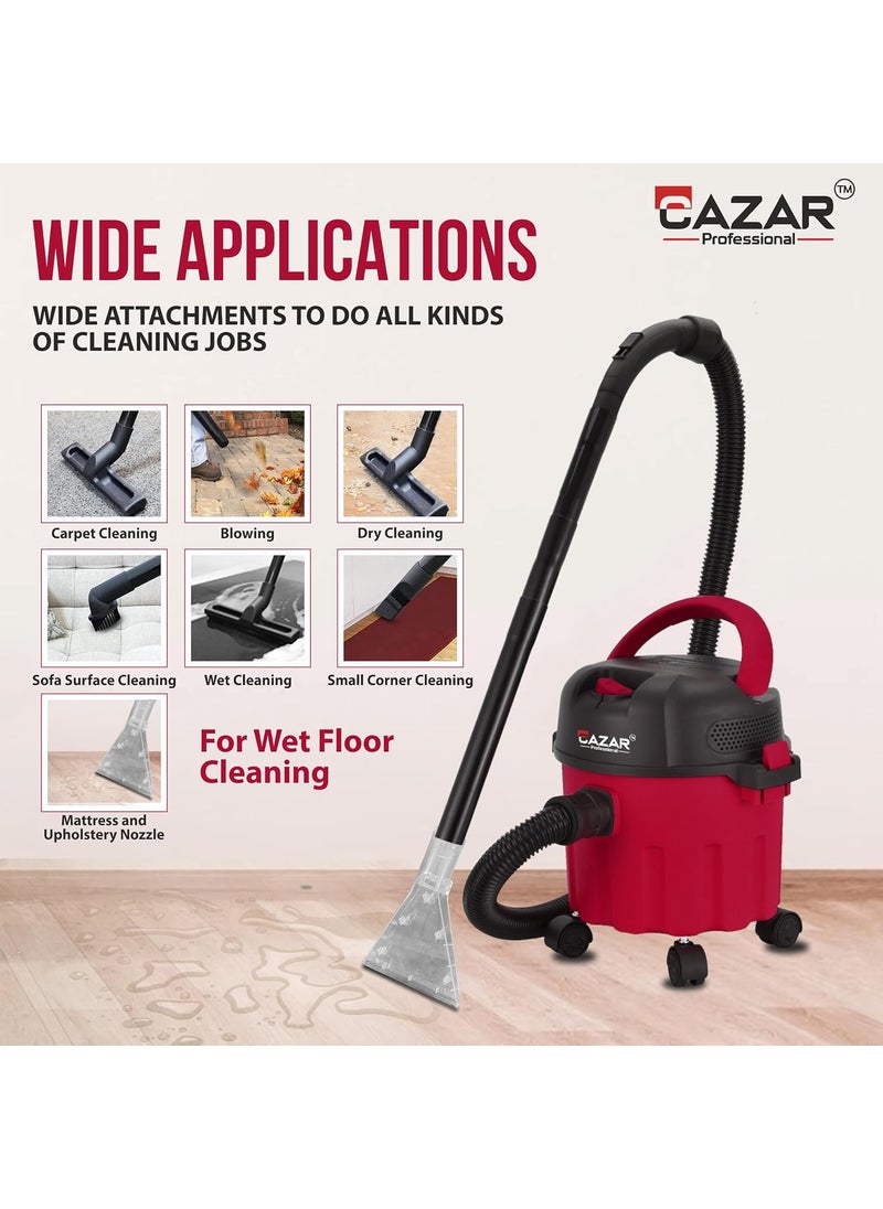 CAZAR CZVC10L 1200Watt 10Litre Wet Dry Vacuum Cleaner with Premium Mattress and Upholstery Nozzle 165 Kpa Suction Pressure Compact and Lightweight with Blower Function Red Black