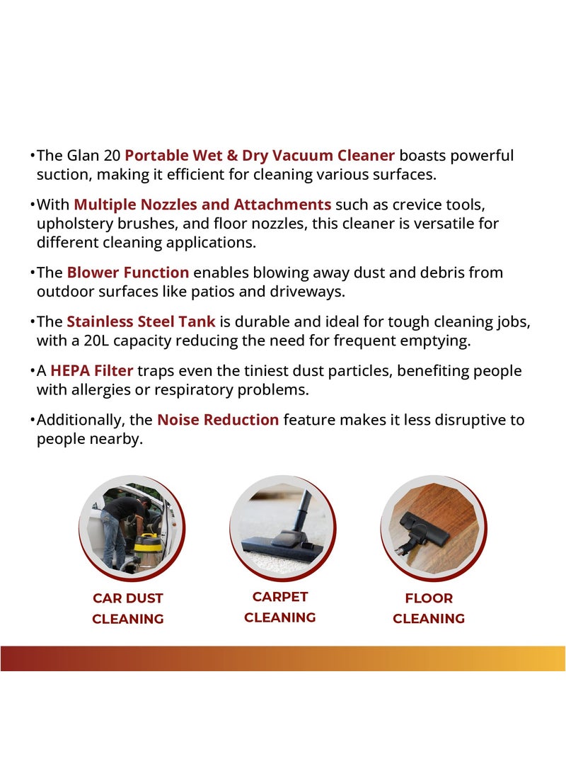 HOMEVAC GLAN20 Portable Wet Dry Vacuum Cleaner1400 Watts Powerful Suction 20 litres Stainless Steel with Blowing HEPA Filter