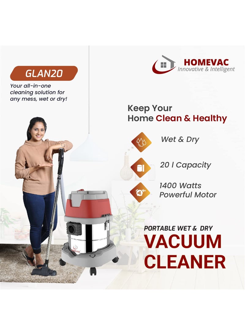 HOMEVAC GLAN20 Portable Wet Dry Vacuum Cleaner1400 Watts Powerful Suction 20 litres Stainless Steel with Blowing HEPA Filter