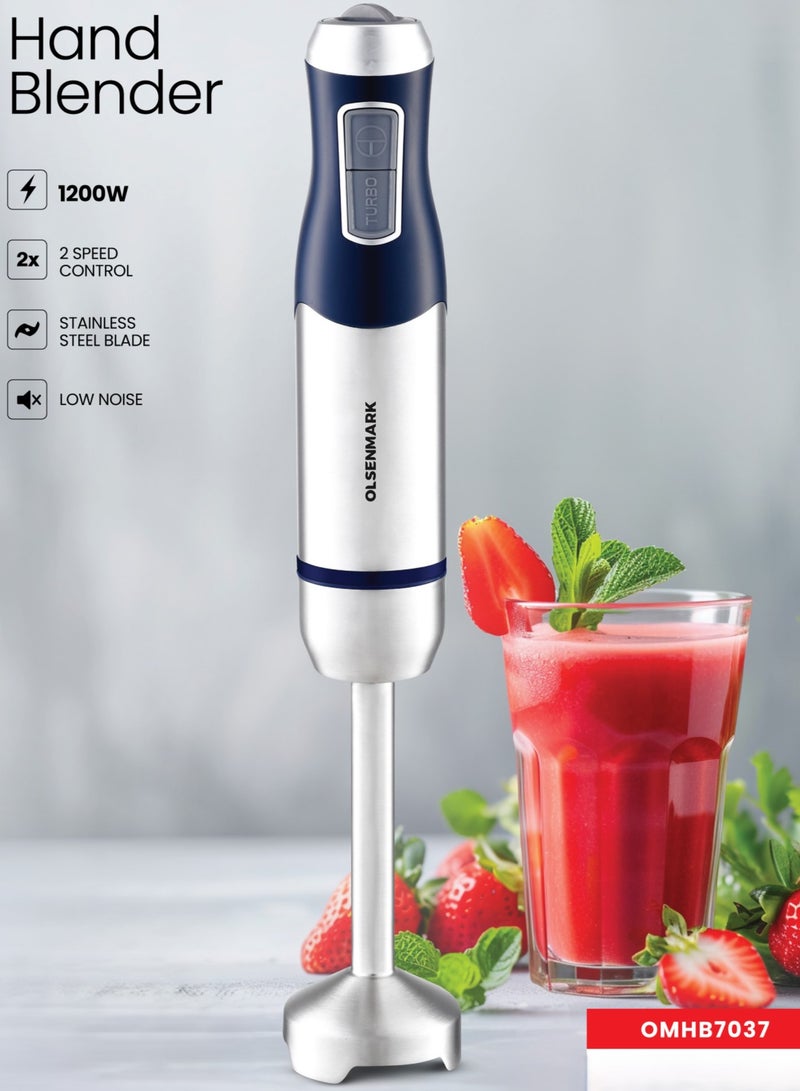 Olsenmark Hand Blender- OMHB7037, 1200W Heavy-Duty Manual Operation, 2 Speed Control, with Stainless Steel Head and Body, Contoured Handle, Elegant Design and Highly Durable, Perfect for Making Dips, Sauces, Smoothies, Cream, Lassi OMHB7037