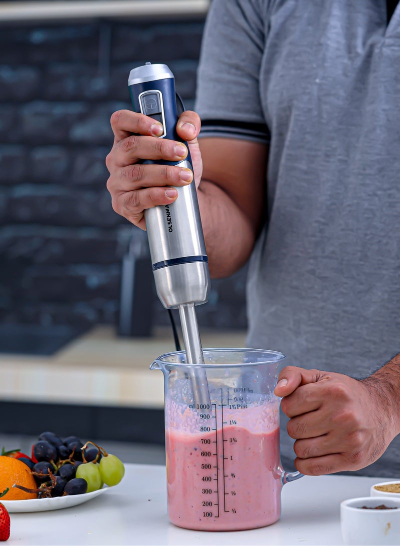 Olsenmark Hand Blender- OMHB7037, 1200W Heavy-Duty Manual Operation, 2 Speed Control, with Stainless Steel Head and Body, Contoured Handle, Elegant Design and Highly Durable, Perfect for Making Dips, Sauces, Smoothies, Cream, Lassi OMHB7037