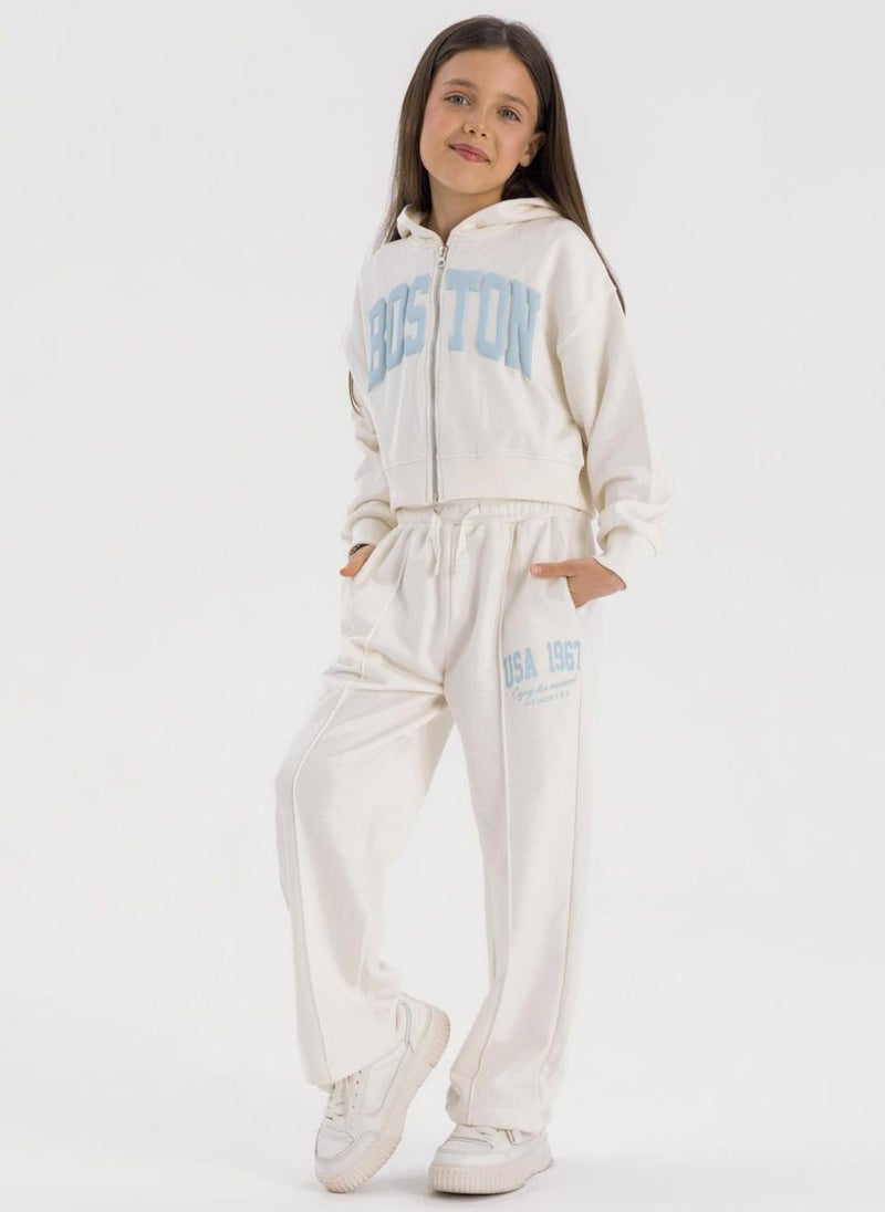 Kids Girls Tracksuit Set with Printed Hoodie and Wide-Leg Pants