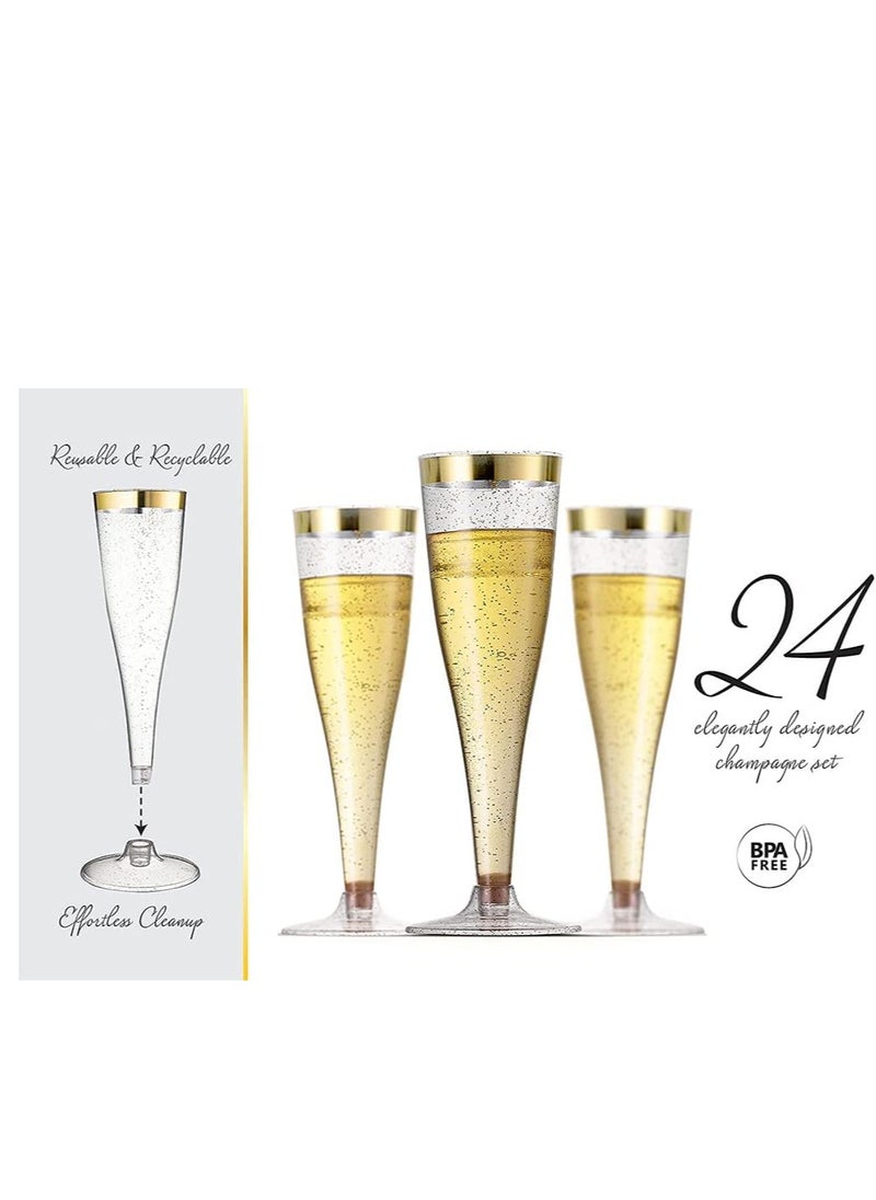 24 Pack Gold Glitter Plastic Cups 6.5 OZ Clear Plastic Cups Tumblers, Fancy Disposable Hard Plastic Cups with Gold Glitter, Premium Wedding Cups Elegant Party Cups, Recyclable and BPA-Free