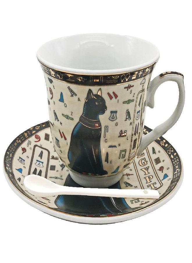 Coffee Cups and Saucers Set Egyptian Black Cat Coffee Cup Golden Ceramic Cup Set Cappuccino Tea Cup Set Porcelain Best Gift for Birthday Family Friends 100ML (Beige and Black)