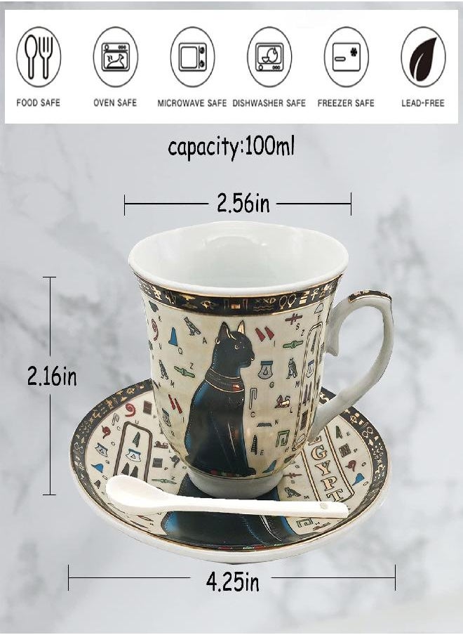 Coffee Cups and Saucers Set Egyptian Black Cat Coffee Cup Golden Ceramic Cup Set Cappuccino Tea Cup Set Porcelain Best Gift for Birthday Family Friends 100ML (Beige and Black)