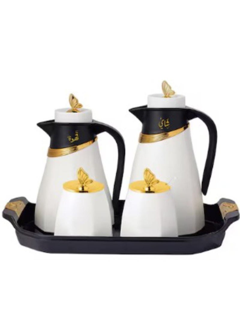 5 Pieces Set of Thermoses for Tea and Coffee with Serving Tray, Sugar Bowl and Date Bowl White/Black/Gold