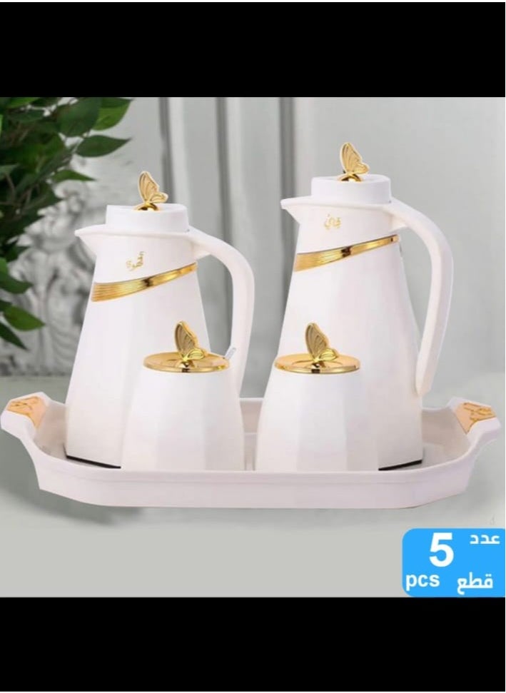 5 Pieces Attractive Design Tea and Coffee Thermos Set with Serving Tray, Sugar Bowl and Tea Caddy