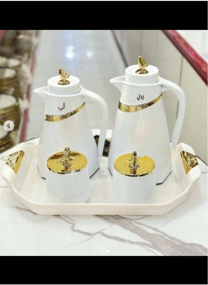 5 Pieces Attractive Design Tea and Coffee Thermos Set with Serving Tray, Sugar Bowl and Tea Caddy