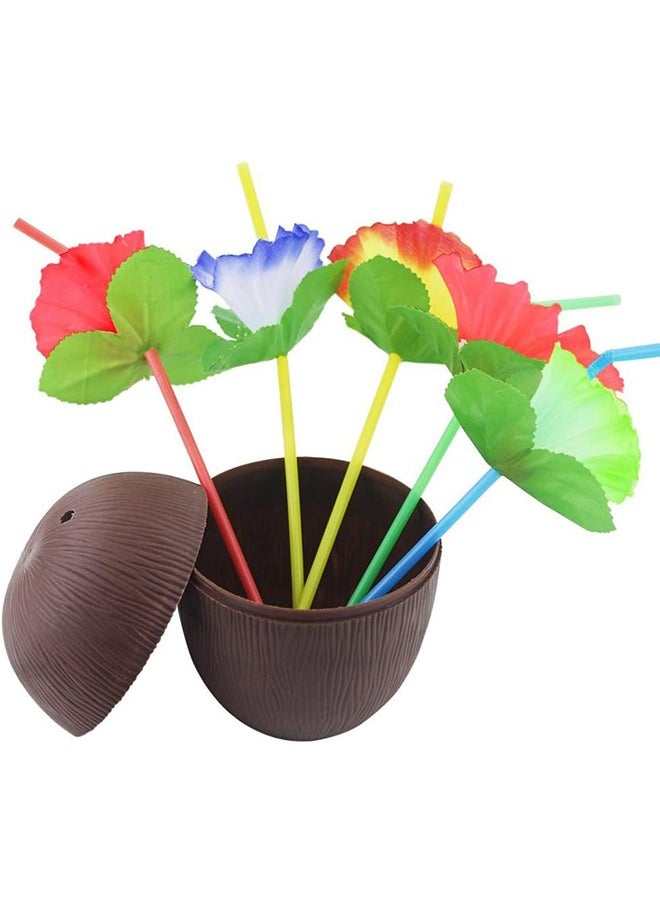 12 Pack Coconut Cups for Hawaiian Luau Kids Party with Hibiscus Flower Straws - Tiki and Beach Theme Party Fun Drink or Decoration Cups