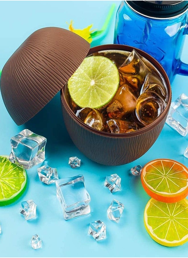 12 Pack Coconut Cups for Hawaiian Luau Kids Party with Hibiscus Flower Straws - Tiki and Beach Theme Party Fun Drink or Decoration Cups