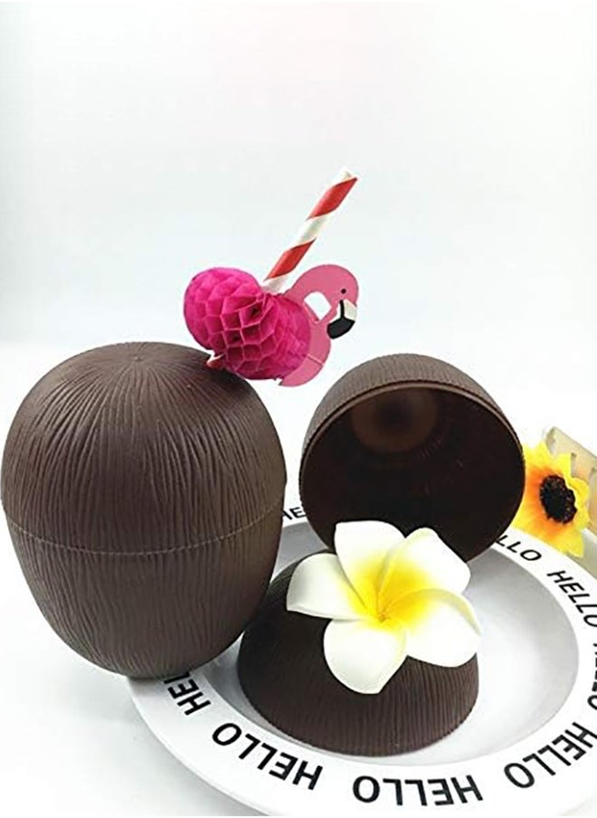 12 Pack Coconut Cups for Hawaiian Luau Kids Party with Hibiscus Flower Straws - Tiki and Beach Theme Party Fun Drink or Decoration Cups