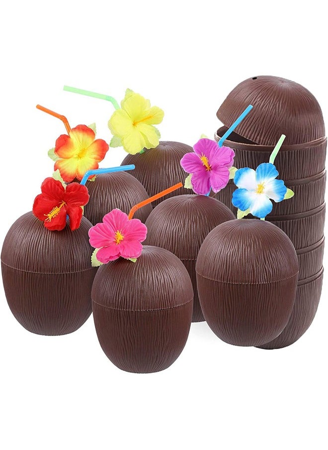 12 Pack Coconut Cups for Hawaiian Luau Kids Party with Hibiscus Flower Straws - Tiki and Beach Theme Party Fun Drink or Decoration Cups