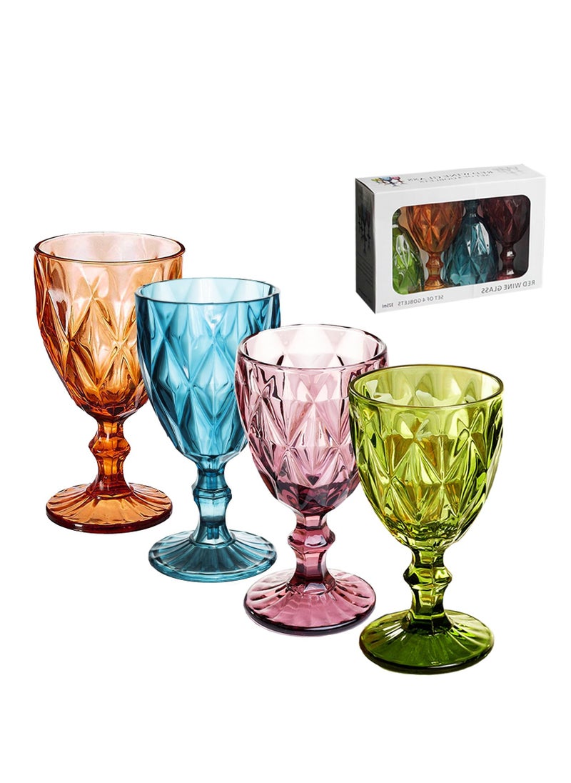 Vintage Wine Glasses Set of 4, Plastic Reusable 12 Ounce Colored Water Goblets, Unique Embossed Pattern Unbreakable Stemmed Wine Glasses, High Clear Wedding Party Bar Drinking Cups Multicolor