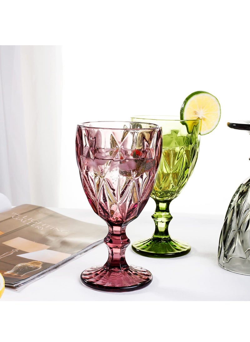 Vintage Wine Glasses Set of 4, Plastic Reusable 12 Ounce Colored Water Goblets, Unique Embossed Pattern Unbreakable Stemmed Wine Glasses, High Clear Wedding Party Bar Drinking Cups Multicolor