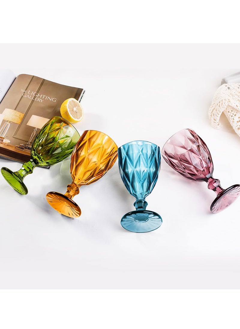Vintage Wine Glasses Set of 4, Plastic Reusable 12 Ounce Colored Water Goblets, Unique Embossed Pattern Unbreakable Stemmed Wine Glasses, High Clear Wedding Party Bar Drinking Cups Multicolor