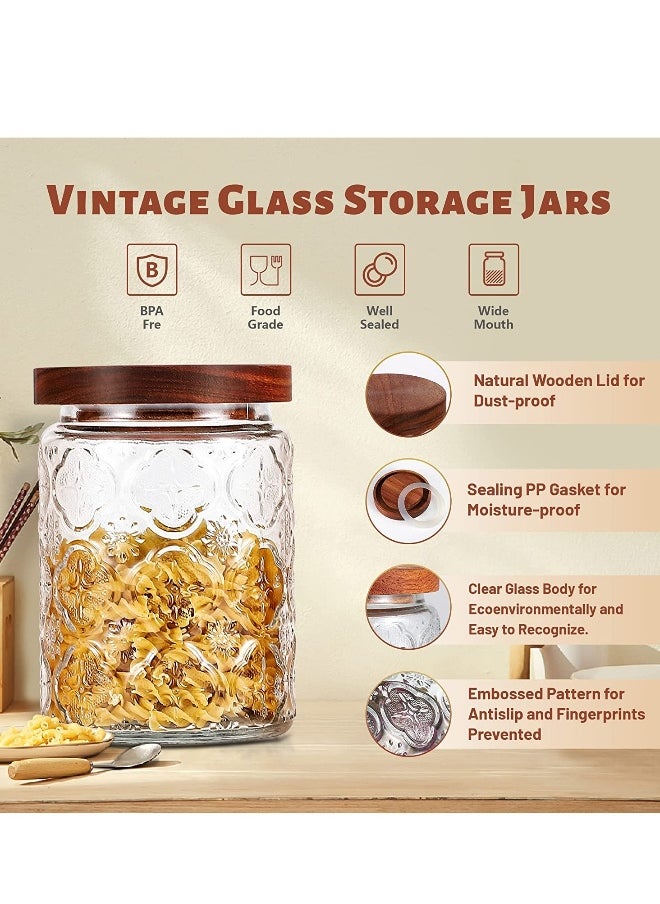 Glass Storage Jars Vintage, 24 oz Glass Food Storage Containers with Airtight Wooden Lid, Kitchen Glass Canister for Cookie Candy Coffee Oats Spice Flour Nuts 2 Pack