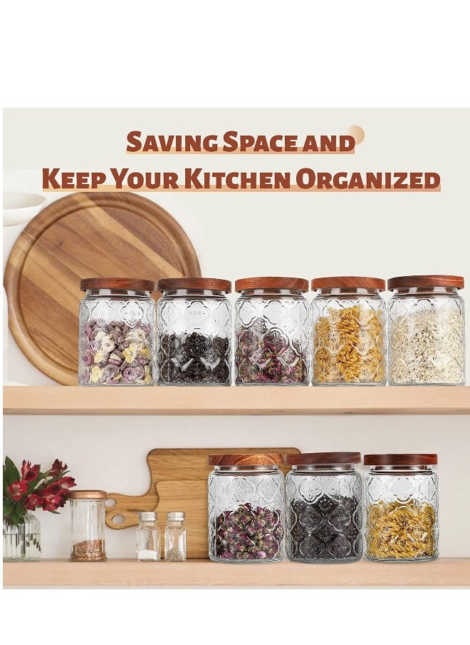 Glass Storage Jars Vintage, 24 oz Glass Food Storage Containers with Airtight Wooden Lid, Kitchen Glass Canister for Cookie Candy Coffee Oats Spice Flour Nuts 2 Pack