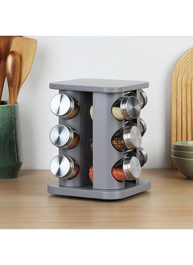 Gravitas 13-Piece Spice Rack Set 100ml – Premium Spice Jars with Rack, Airtight & Easy to Use, Perfect for Kitchen Organization, Storage, and Spice Mixing Grey 19 X 19 X 21.5 Hcm