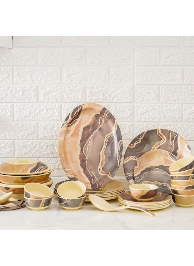 Urmi Matt 32-Piece Melamine Dinner Set – Elegant, Durable & Lightweight Dinnerware for 6, Break-Resistant, Ideal for Daily Use, Parties, Outdoor Dining & Family Meals Cream Gold