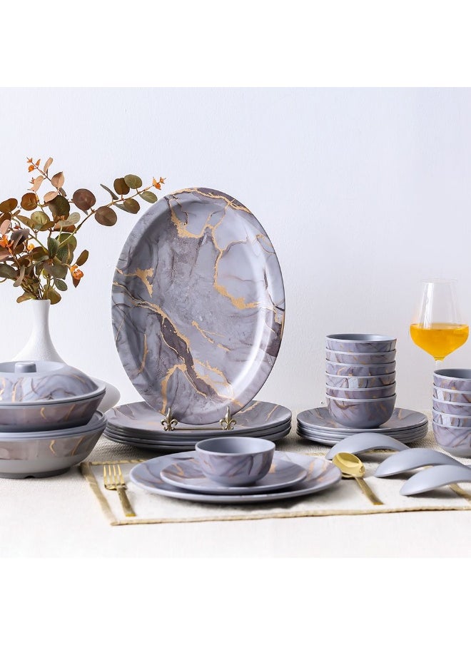 Urmi Matt 32-Piece Melamine Dinner Set – Elegant, Durable & Lightweight Dinnerware for 6, Break-Resistant, Ideal for Daily Use, Parties, Outdoor Dining & Family Meals Grey Gold